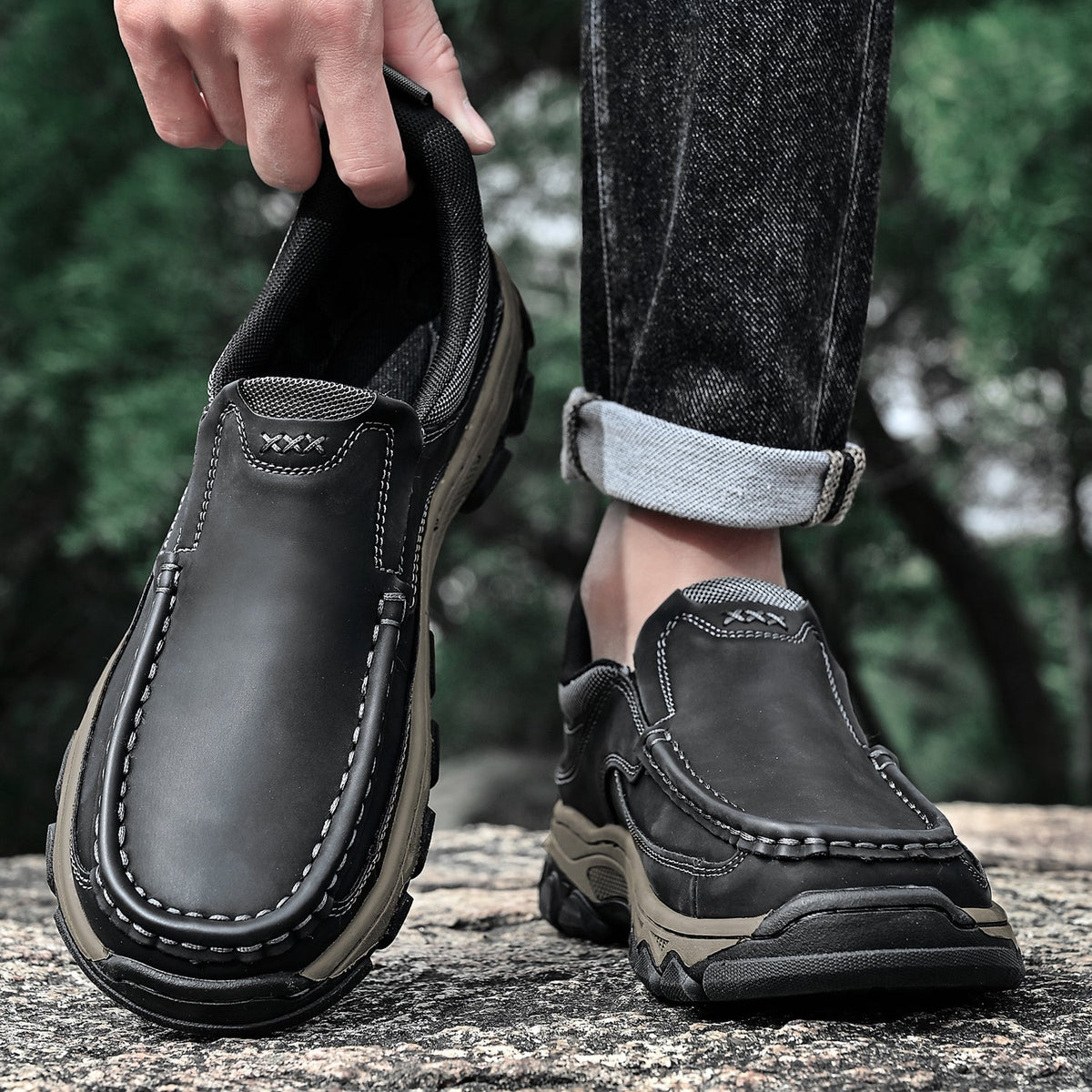 Mark® Mens Slip On Casual Outdoor Leather Walking Hiking Shoes