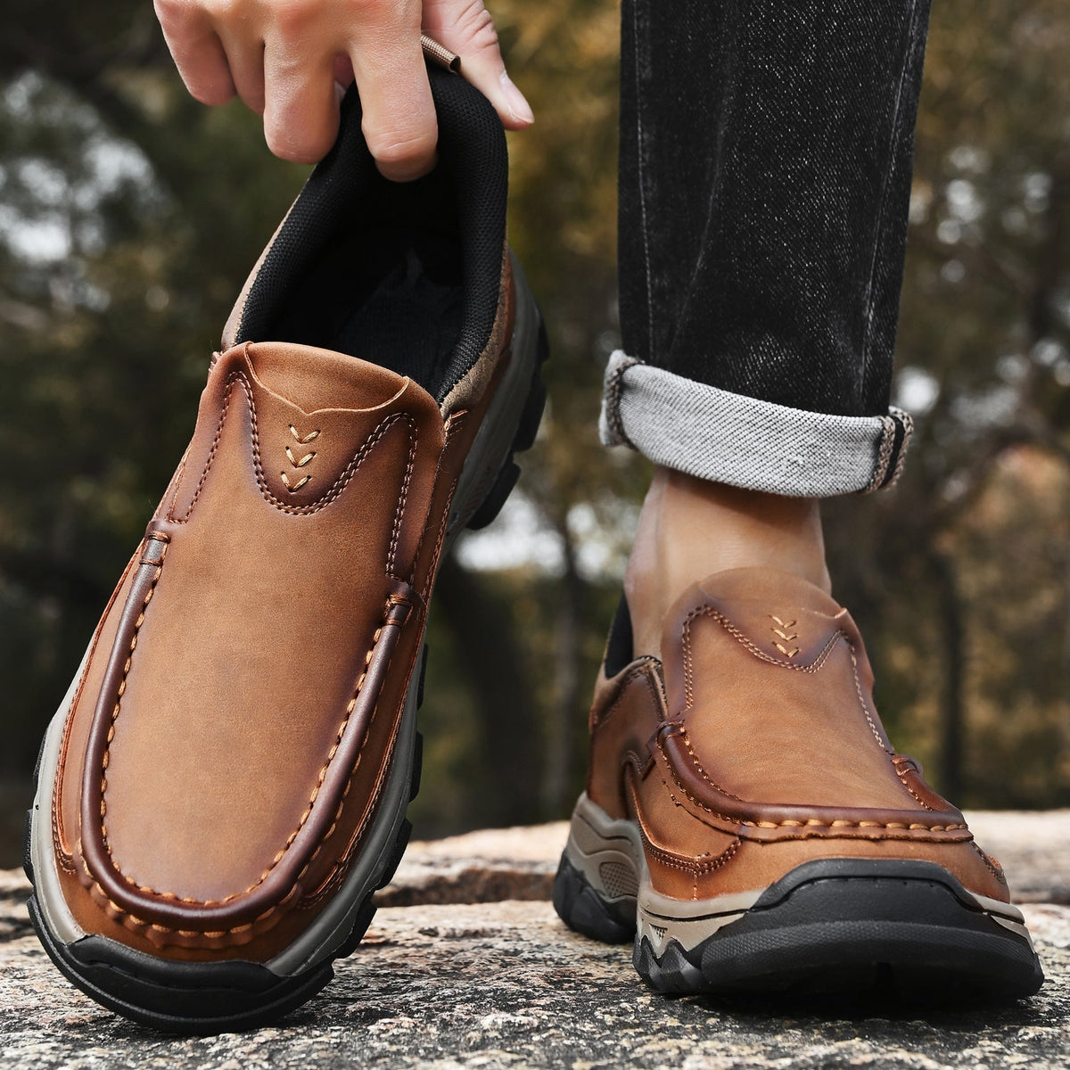 Mark® Mens Slip On Casual Outdoor Leather Walking Hiking Shoes V3688