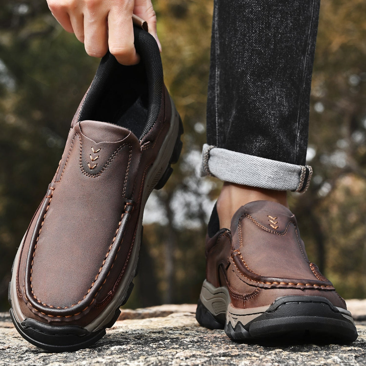 Mark® Mens Slip On Casual Outdoor Leather Walking Hiking Shoes V3688