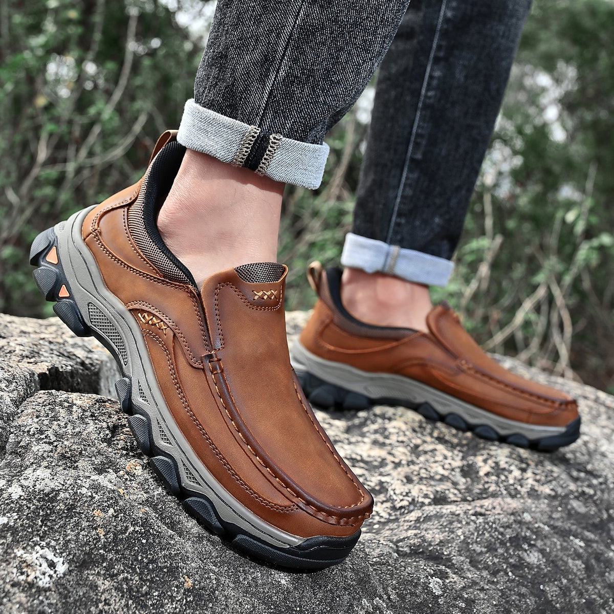 Mark® Mens Slip On Casual Outdoor Leather Walking Hiking Shoes