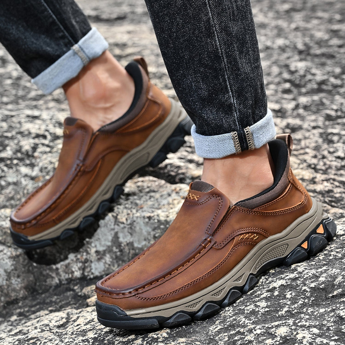 Mark® Mens Slip On Casual Outdoor Leather Walking Hiking Shoes