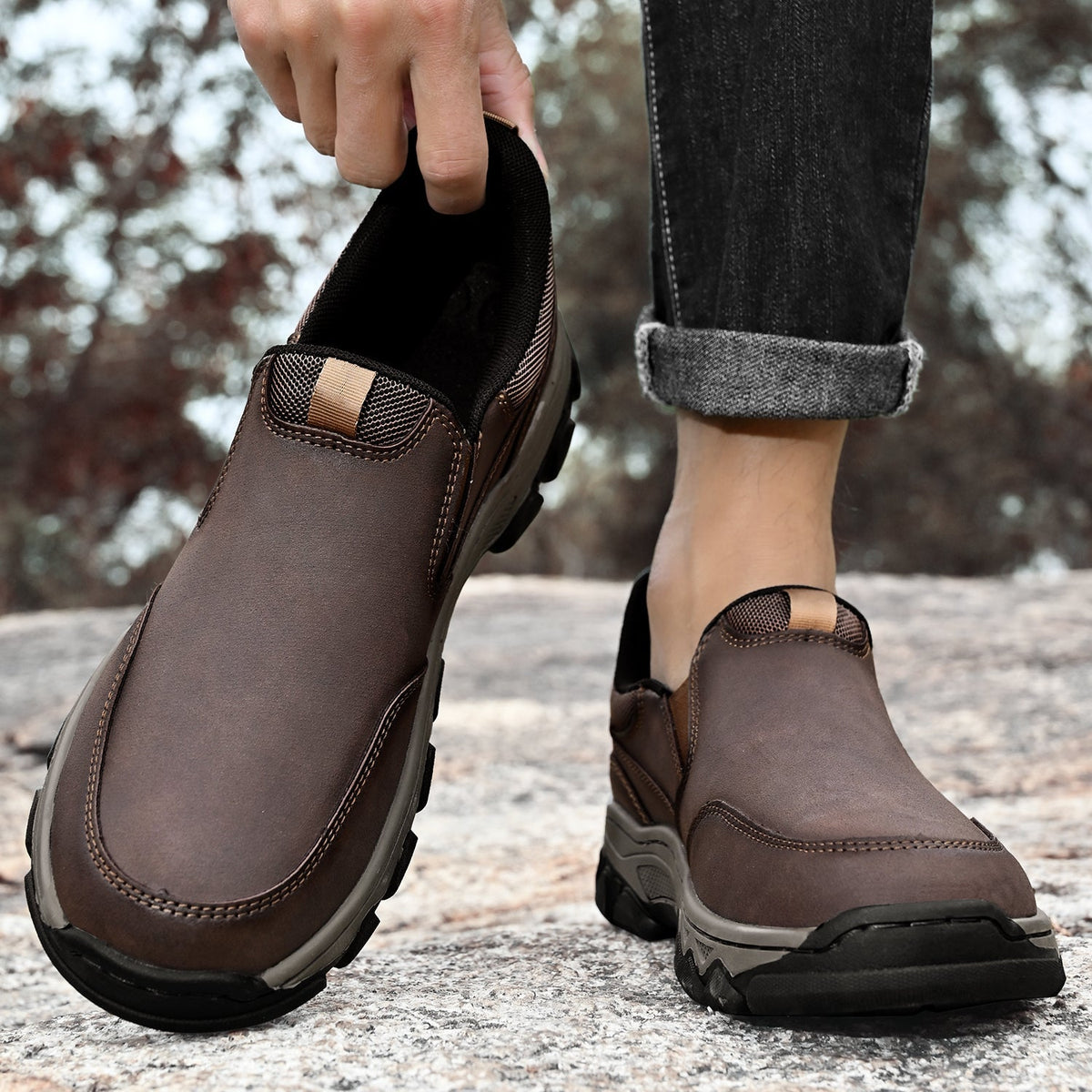 Mark® Mens Slip On Casual Outdoor Leather Walking Hiking Shoes V3686