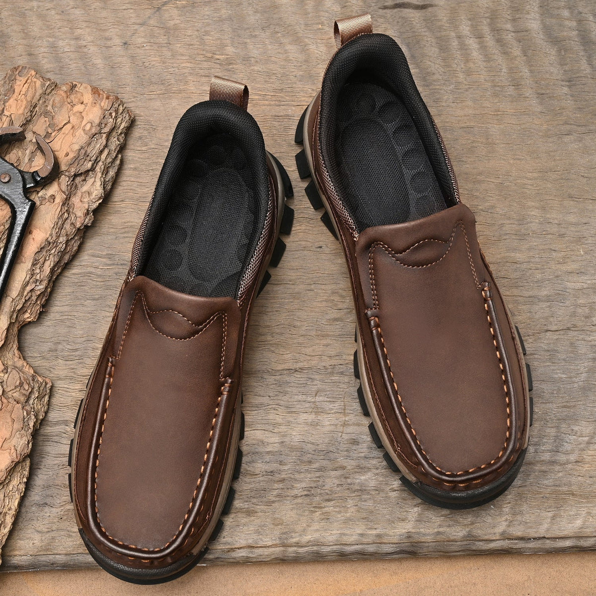 Mark® Mens Slip On Casual Outdoor Leather Walking Hiking Shoes