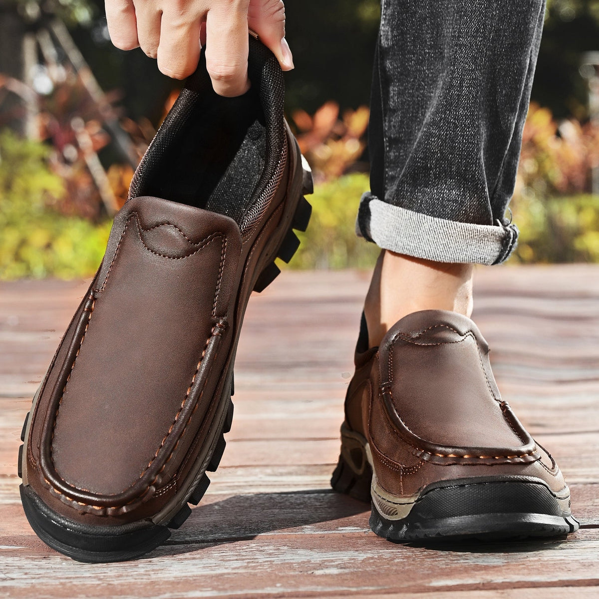Mark® Mens Slip On Casual Outdoor Leather Walking Hiking Shoes