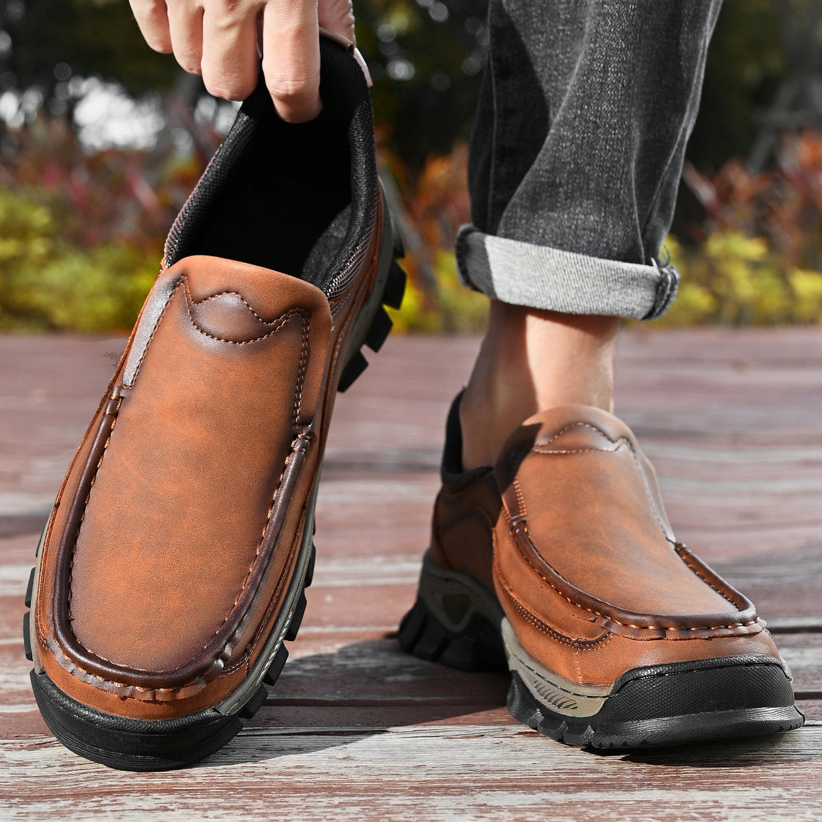 Mark® Mens Slip On Casual Outdoor Leather Walking Hiking Shoes