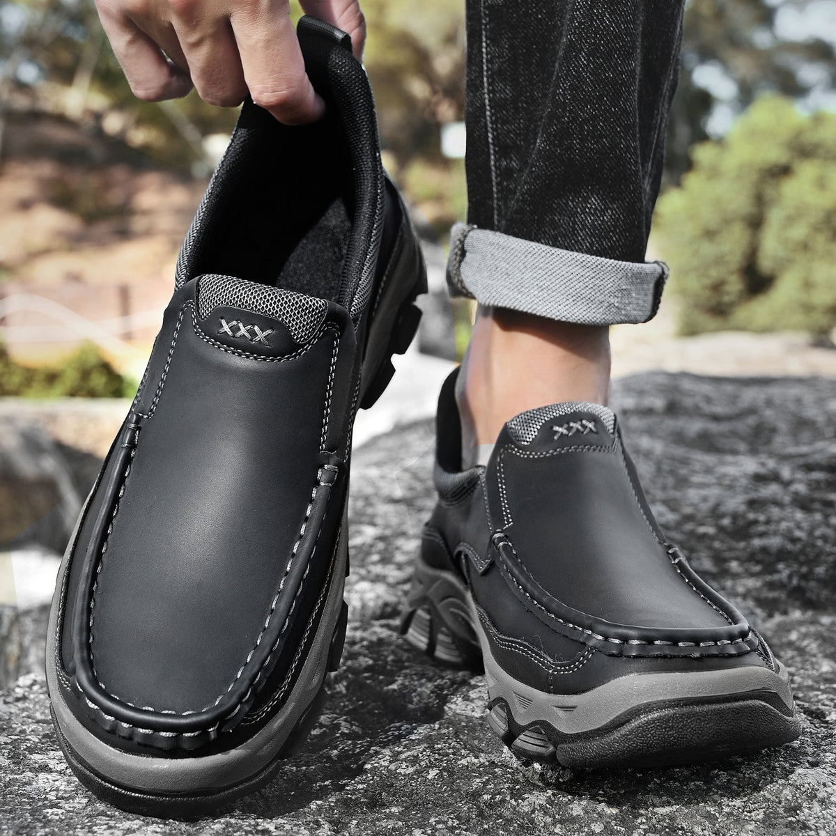 Mark® Mens Slip On Casual Outdoor Leather Walking Hiking Shoes