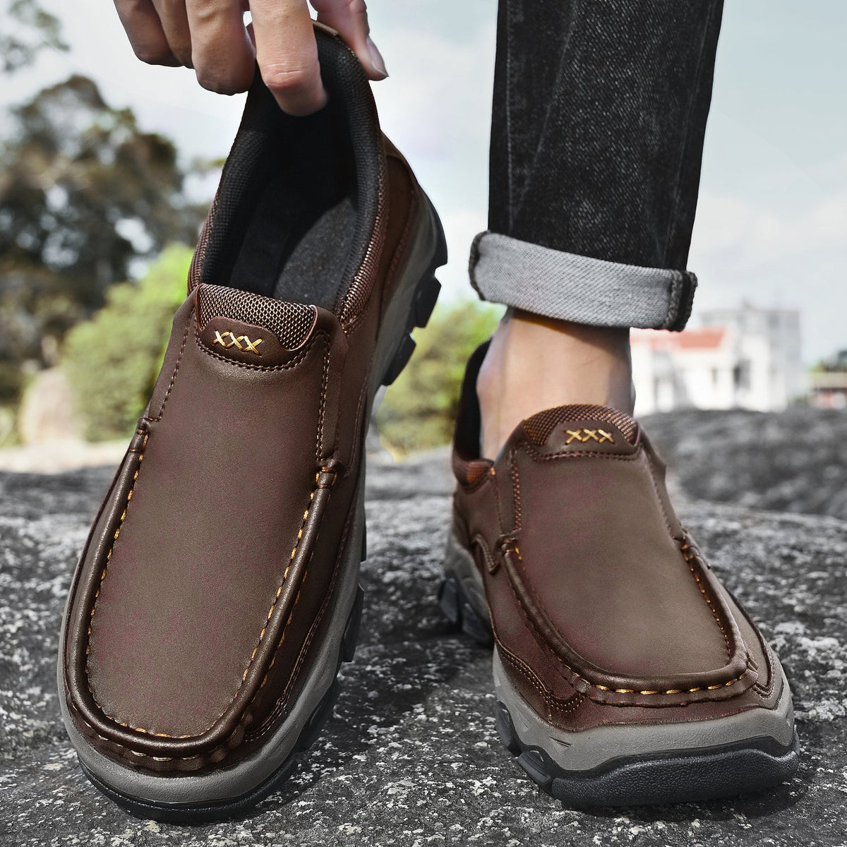 Mark® Mens Slip On Casual Outdoor Leather Walking Hiking Shoes