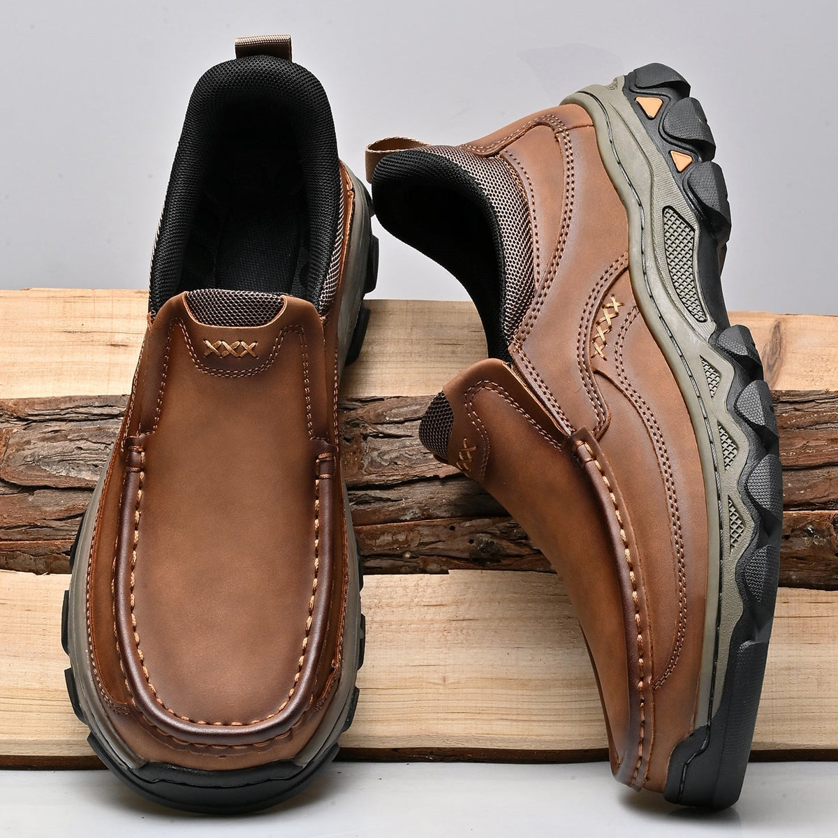 Mark® Mens Slip On Casual Outdoor Leather Walking Hiking Shoes