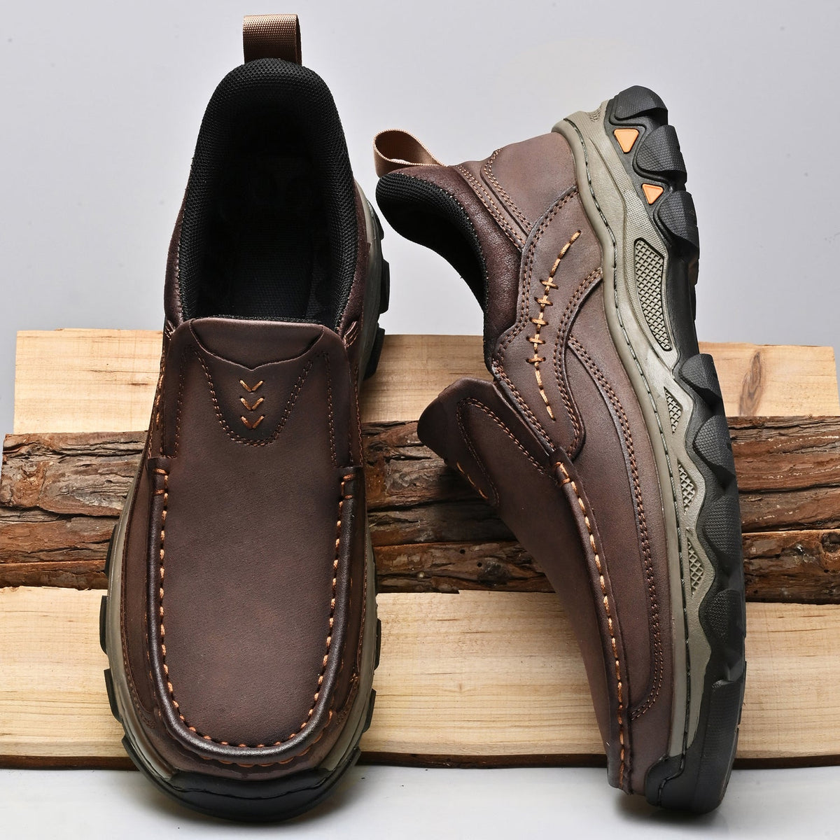 Mark® Mens Slip On Casual Outdoor Leather Walking Hiking Shoes V3688